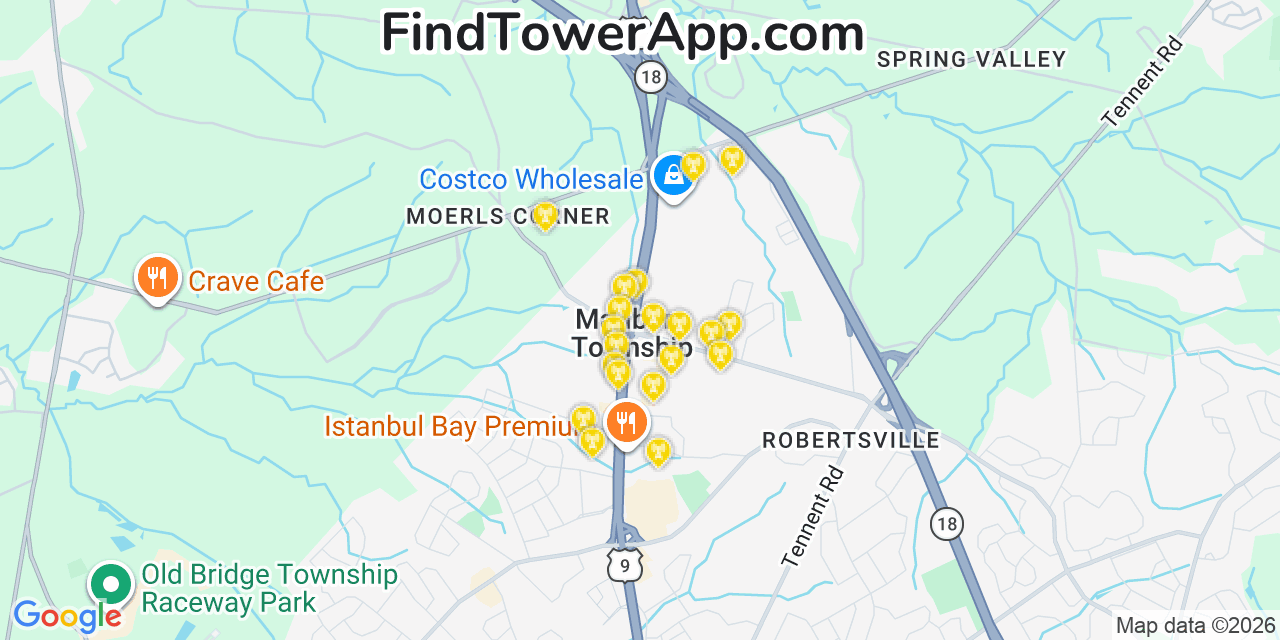 Map showing the 20 primary cell tower locations detected in Marlboro, New Jersey from AT&T, Verizon, and T-Mobile networks