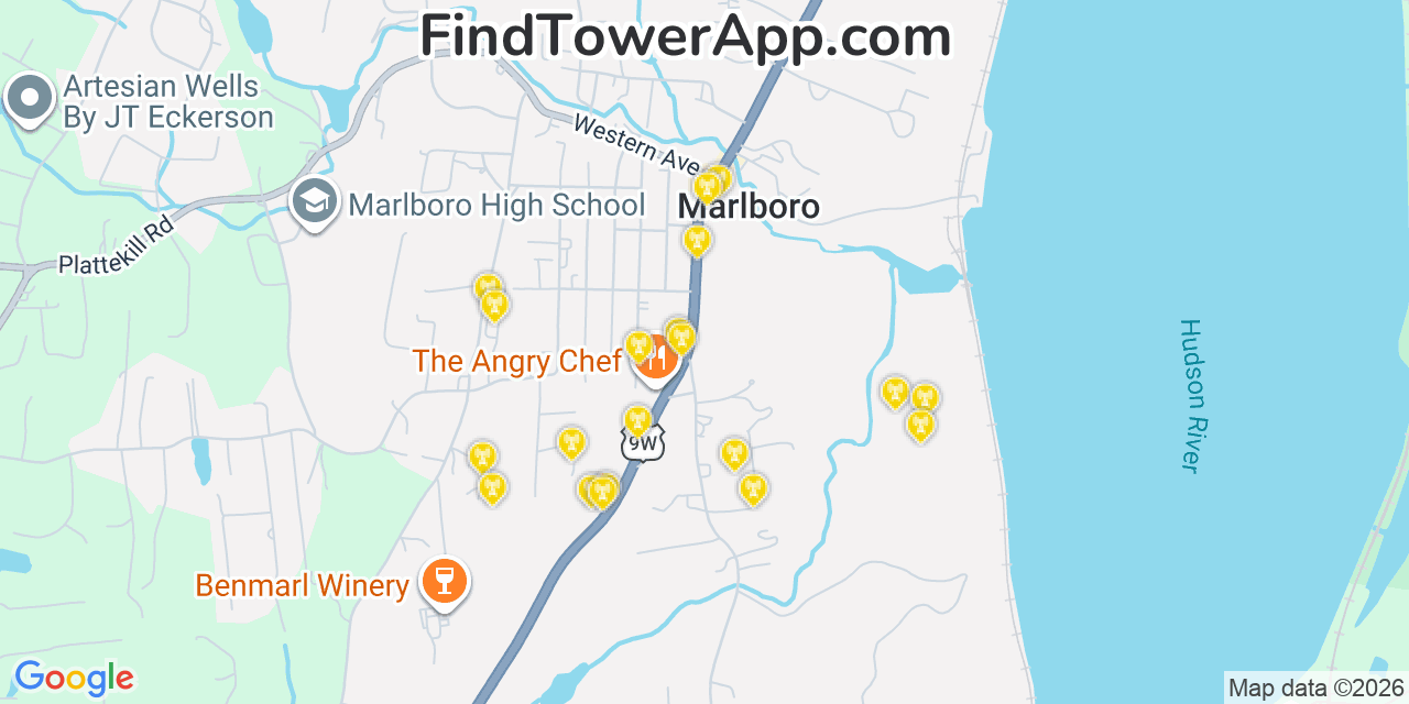Map showing the 20 primary cell tower locations detected in Marlboro, New York from AT&T, Verizon, and T-Mobile networks