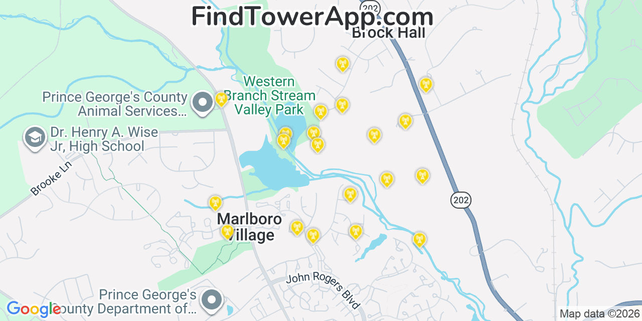 Map showing the 20 primary cell tower locations detected in Marlboro Village, Maryland from AT&T, Verizon, and T-Mobile networks