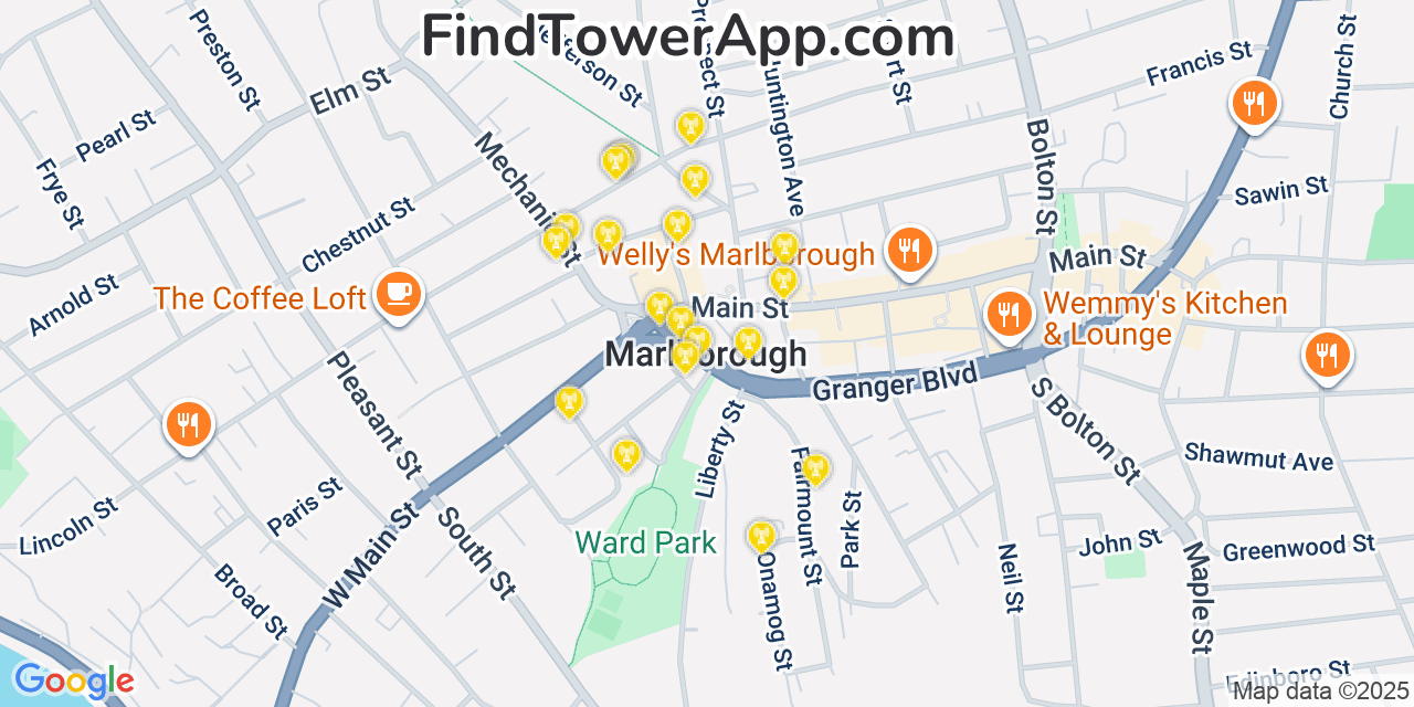 Map showing the 20 primary cell tower locations detected in Marlborough, Massachusetts from AT&T, Verizon, and T-Mobile networks