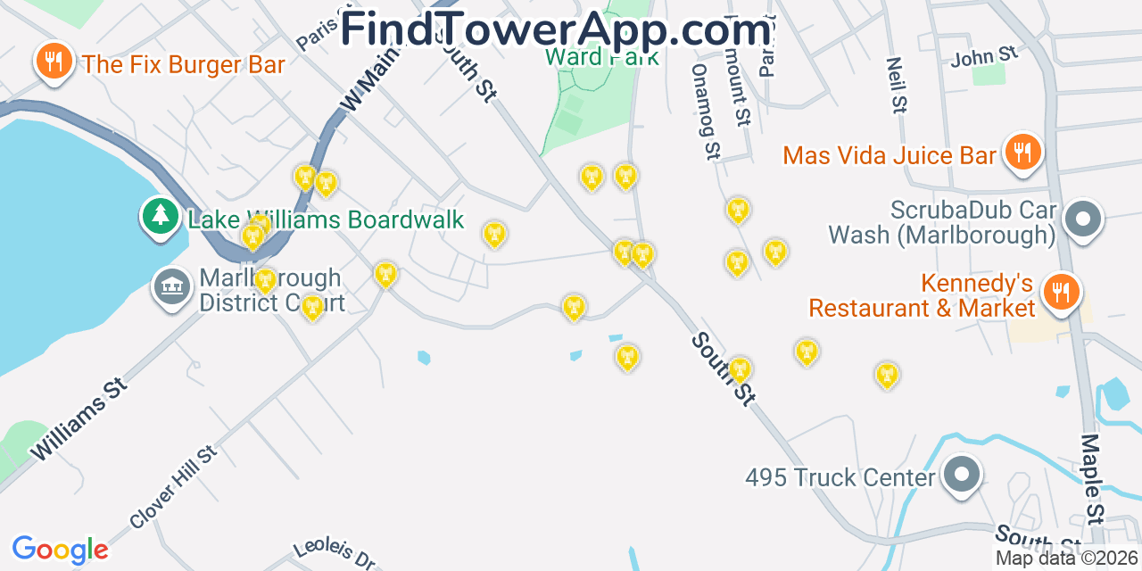 Map showing the 20 primary cell tower locations detected in Marlborough, Massachusetts from AT&T, Verizon, and T-Mobile networks
