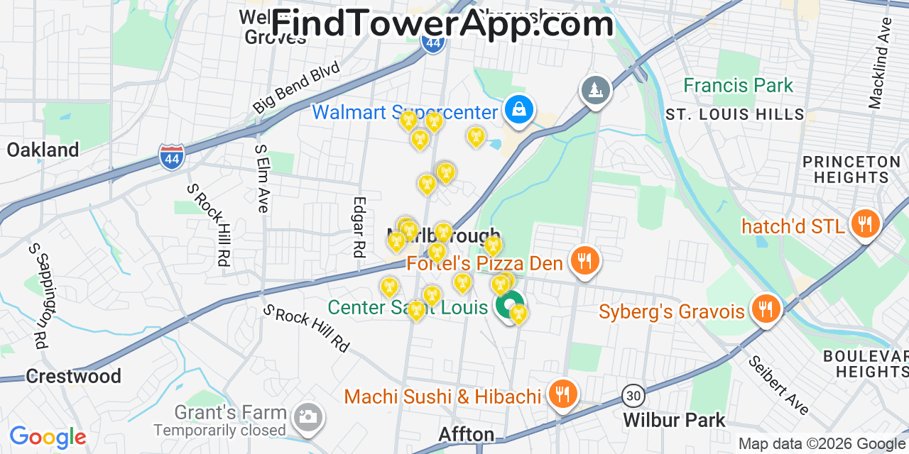 Map showing the 20 primary cell tower locations detected in Marlborough, Missouri from AT&T, Verizon, and T-Mobile networks