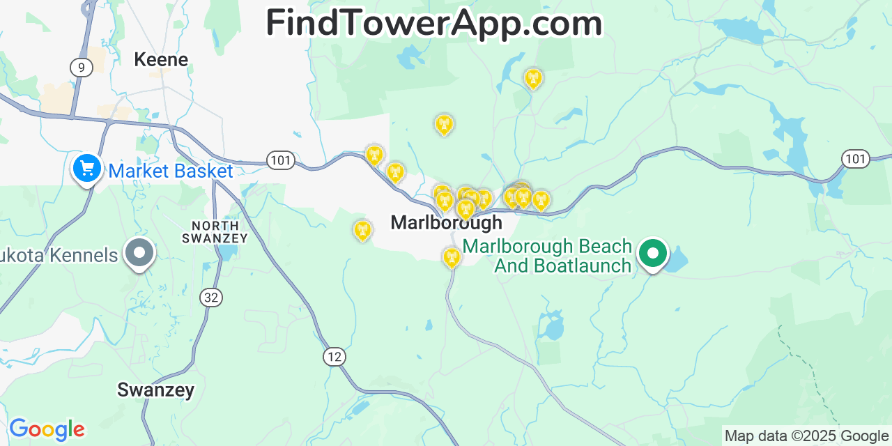 Map showing the 20 primary cell tower locations detected in Marlborough, New Hampshire from AT&T, Verizon, and T-Mobile networks