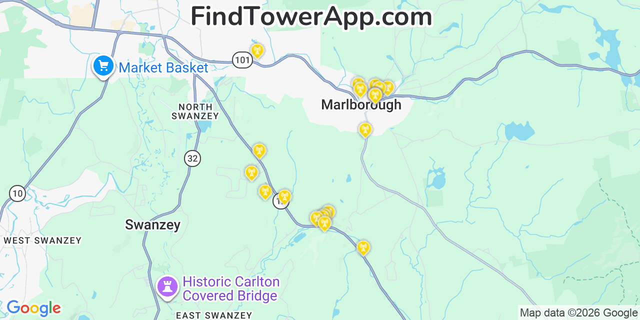 Map showing the 20 primary cell tower locations detected in Marlborough, New Hampshire from AT&T, Verizon, and T-Mobile networks