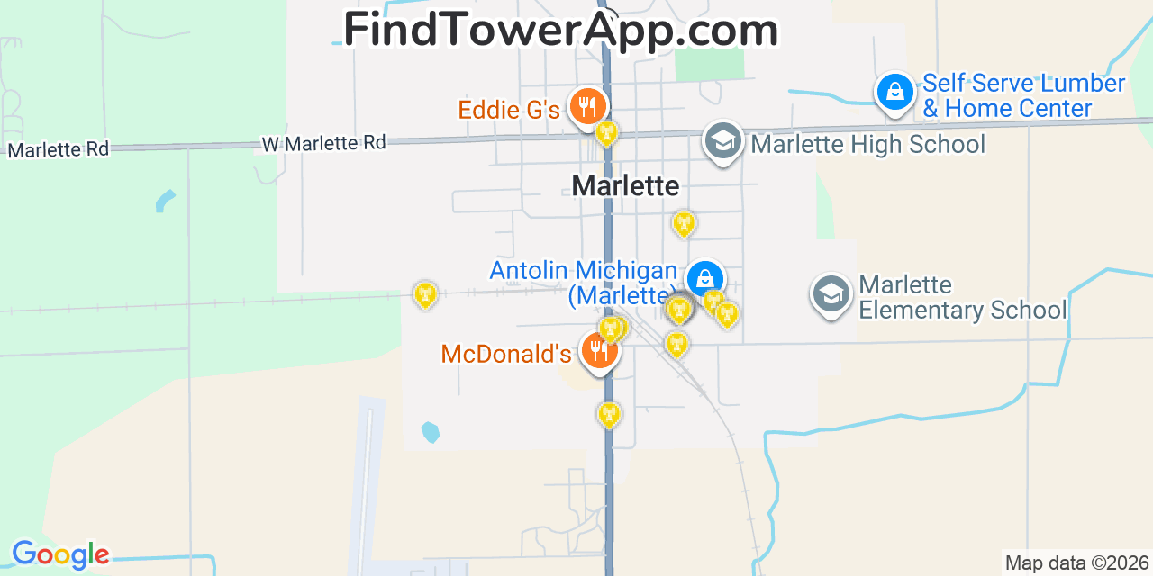 Map showing the 20 primary cell tower locations detected in Marlette, Michigan from AT&T, Verizon, and T-Mobile networks