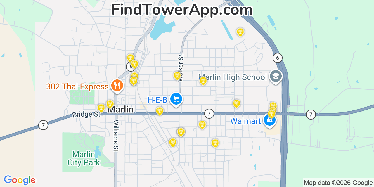 Map showing the 20 primary cell tower locations detected in Marlin, Texas from AT&T, Verizon, and T-Mobile networks