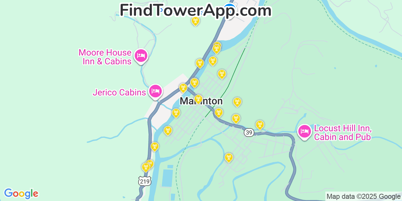 Map showing the 20 primary cell tower locations detected in Marlinton, West Virginia from AT&T, Verizon, and T-Mobile networks