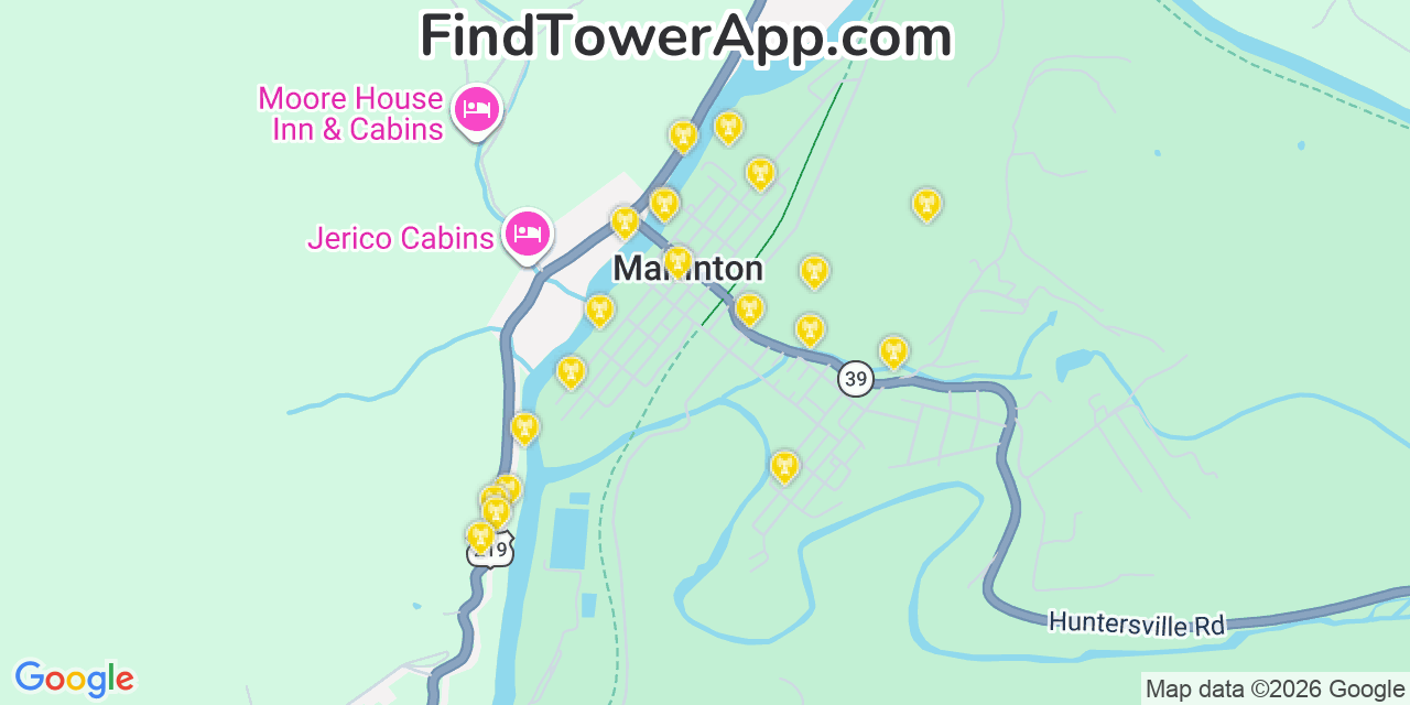 Map showing the 20 primary cell tower locations detected in Marlinton, West Virginia from AT&T, Verizon, and T-Mobile networks