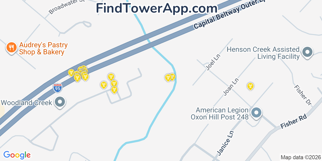 Map showing the 20 primary cell tower locations detected in Marlow Heights, Maryland from AT&T, Verizon, and T-Mobile networks
