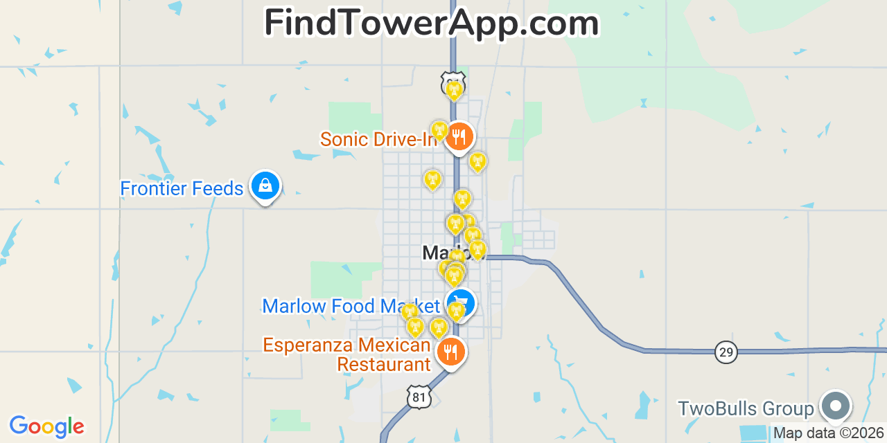 Map showing the 20 primary cell tower locations detected in Marlow, Oklahoma from AT&T, Verizon, and T-Mobile networks