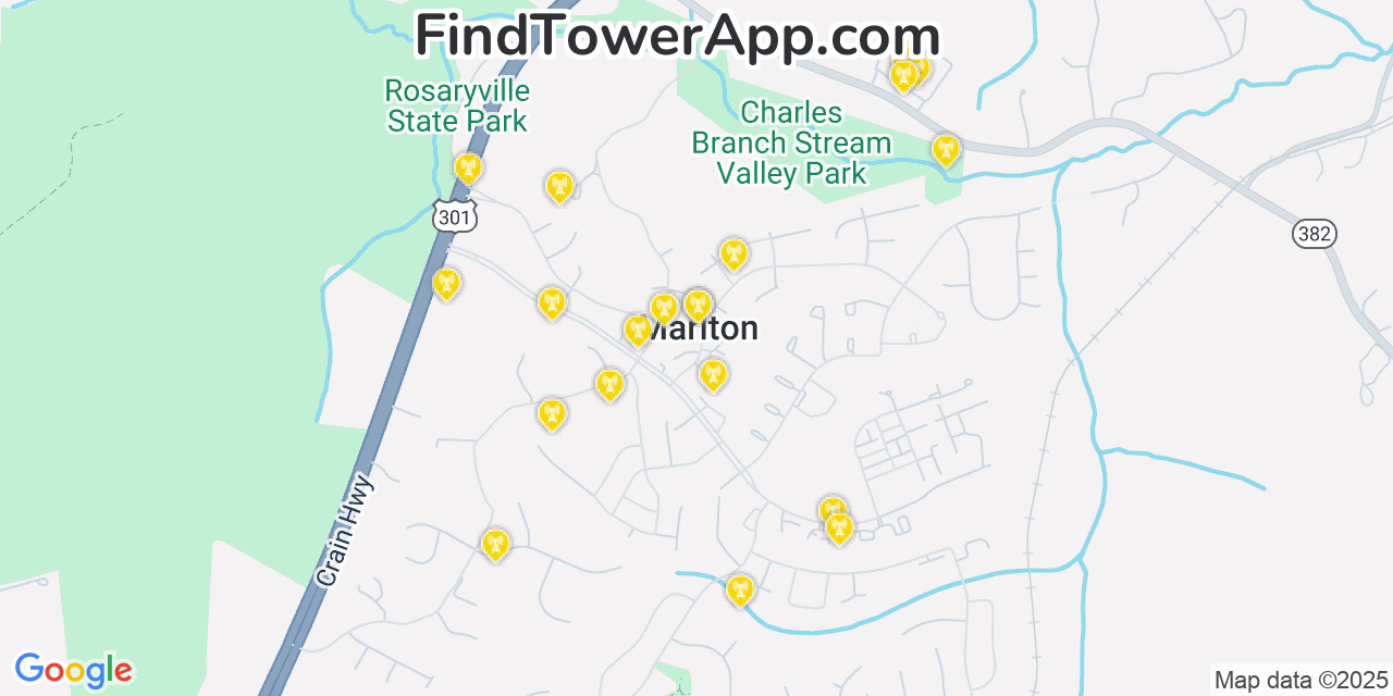 Map showing the 20 primary cell tower locations detected in Marlton, Maryland from AT&T, Verizon, and T-Mobile networks