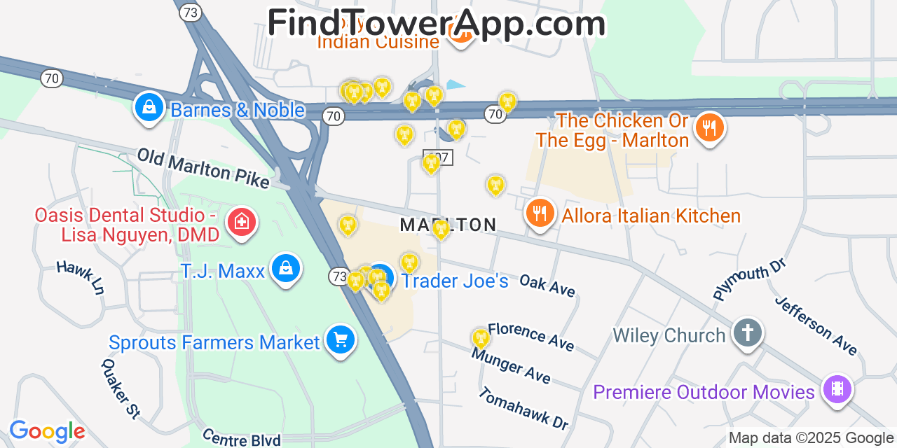 Map showing the 20 primary cell tower locations detected in Marlton, New Jersey from AT&T, Verizon, and T-Mobile networks
