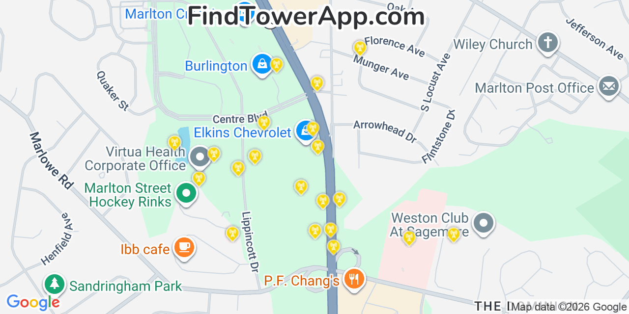 Map showing the 20 primary cell tower locations detected in Marlton, New Jersey from AT&T, Verizon, and T-Mobile networks
