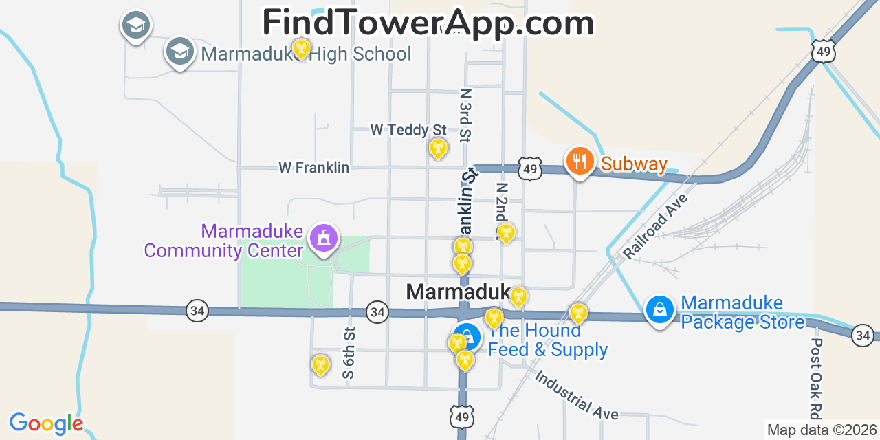 Map showing the 20 primary cell tower locations detected in Marmaduke, Arkansas from AT&T, Verizon, and T-Mobile networks