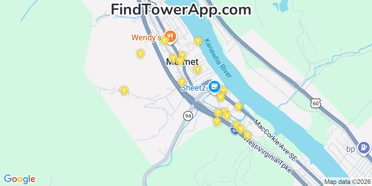 Map showing the 20 primary cell tower locations detected in Marmet, West Virginia from AT&T, Verizon, and T-Mobile networks