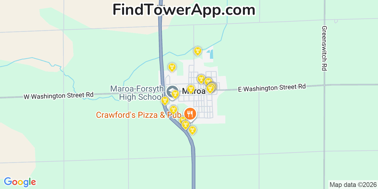 Map showing the 20 primary cell tower locations detected in Maroa, Illinois from AT&T, Verizon, and T-Mobile networks