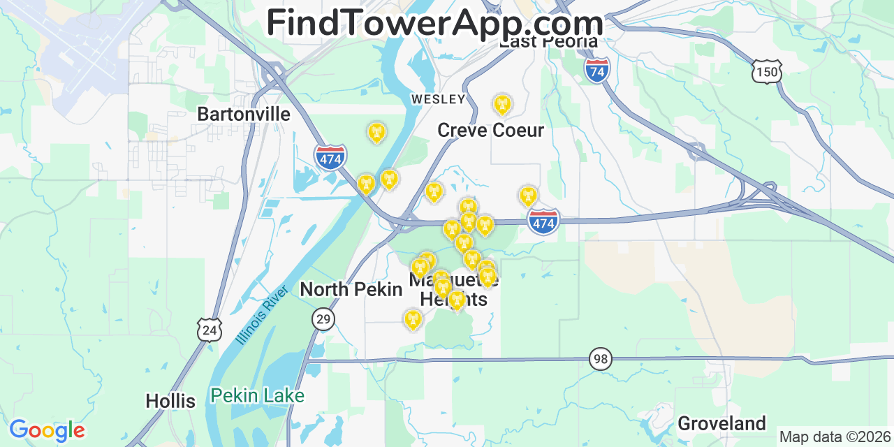 Map showing the 20 primary cell tower locations detected in Marquette Heights, Illinois from AT&T, Verizon, and T-Mobile networks
