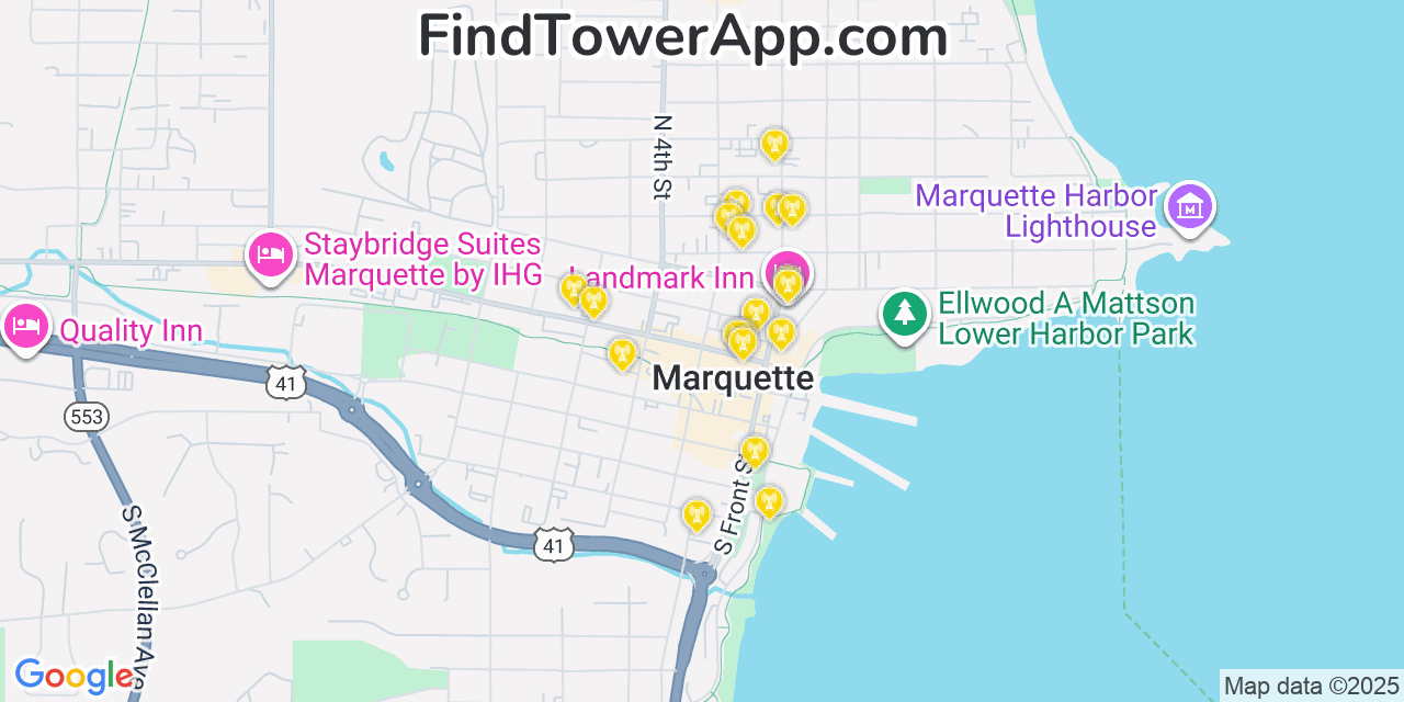 Map showing the 20 primary cell tower locations detected in Marquette, Michigan from AT&T, Verizon, and T-Mobile networks