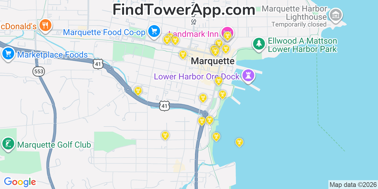 Map showing the 20 primary cell tower locations detected in Marquette, Michigan from AT&T, Verizon, and T-Mobile networks