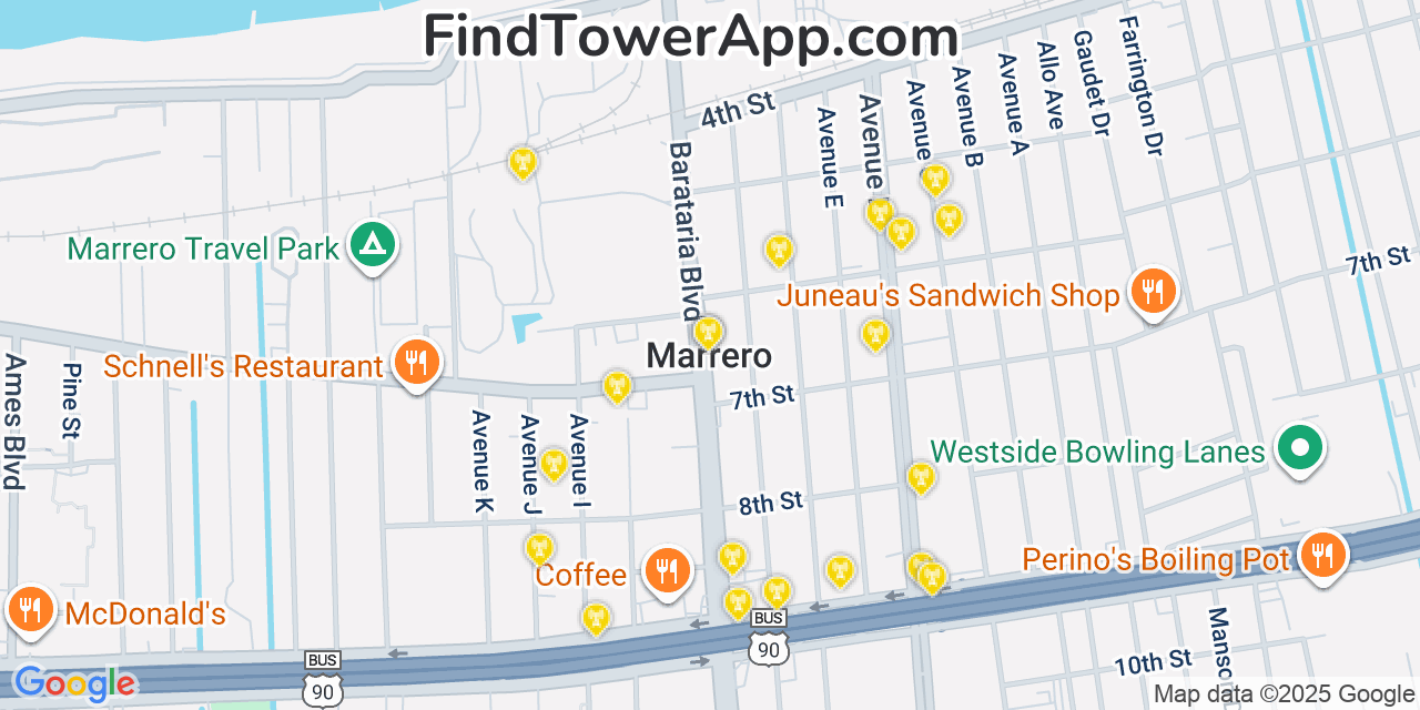 Map showing the 20 primary cell tower locations detected in Marrero, Louisiana from AT&T, Verizon, and T-Mobile networks