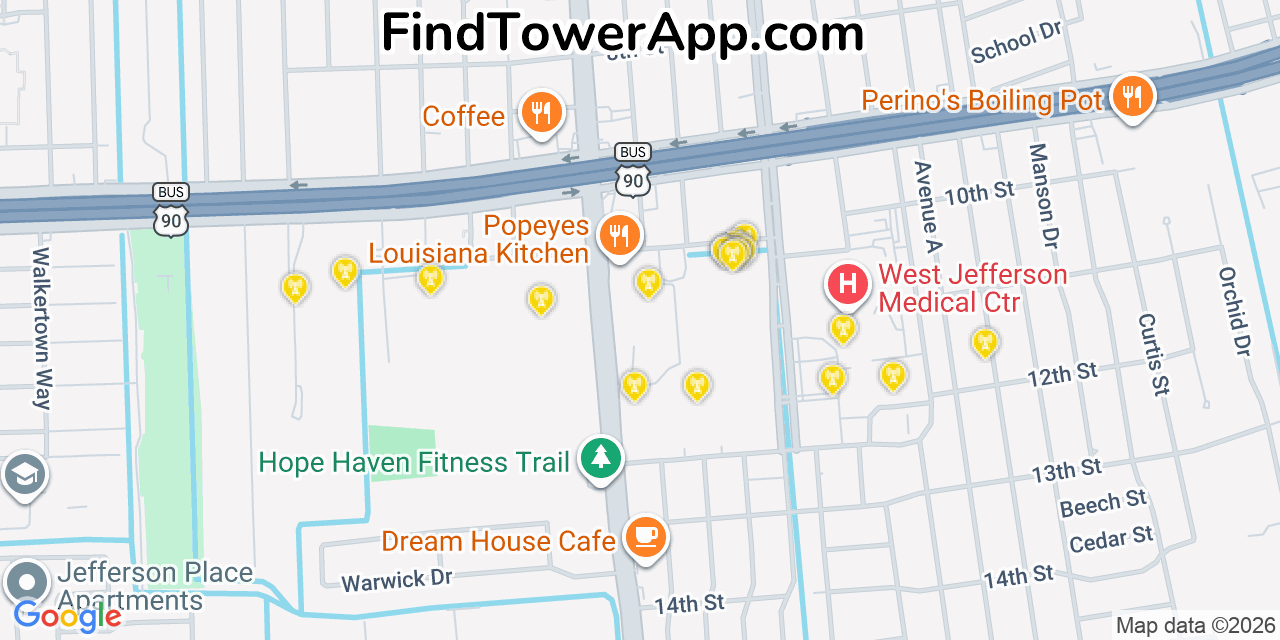 Map showing the 20 primary cell tower locations detected in Marrero, Louisiana from AT&T, Verizon, and T-Mobile networks