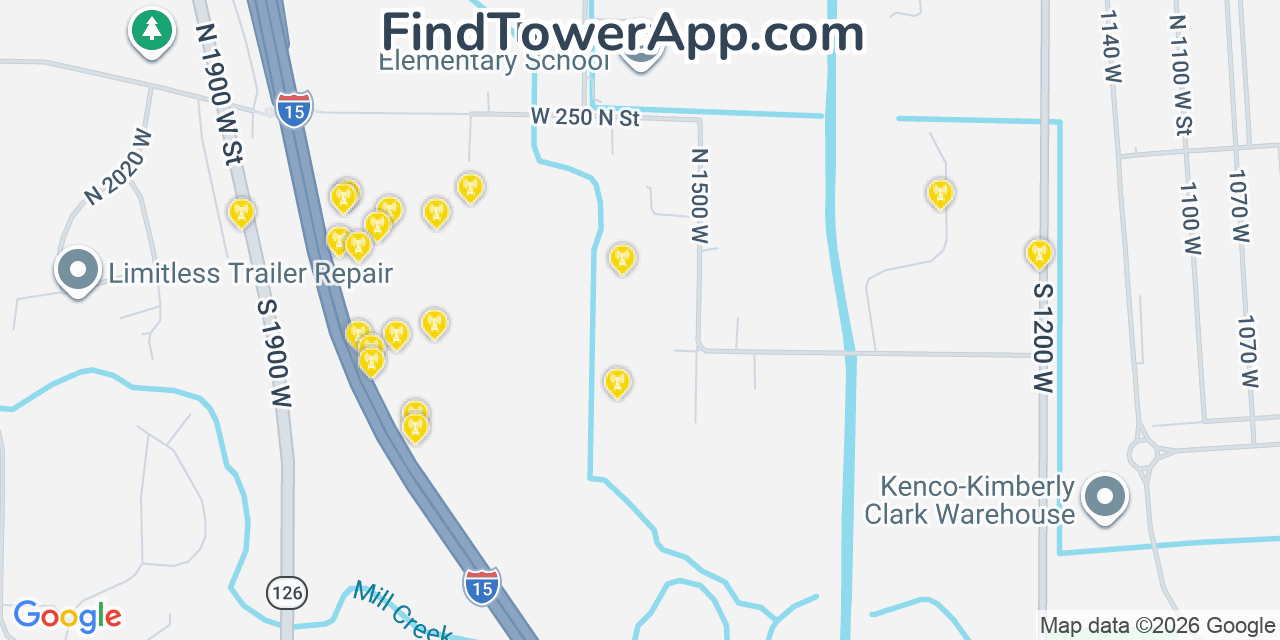 Map showing the 20 primary cell tower locations detected in Marriott Slaterville, Utah from AT&T, Verizon, and T-Mobile networks