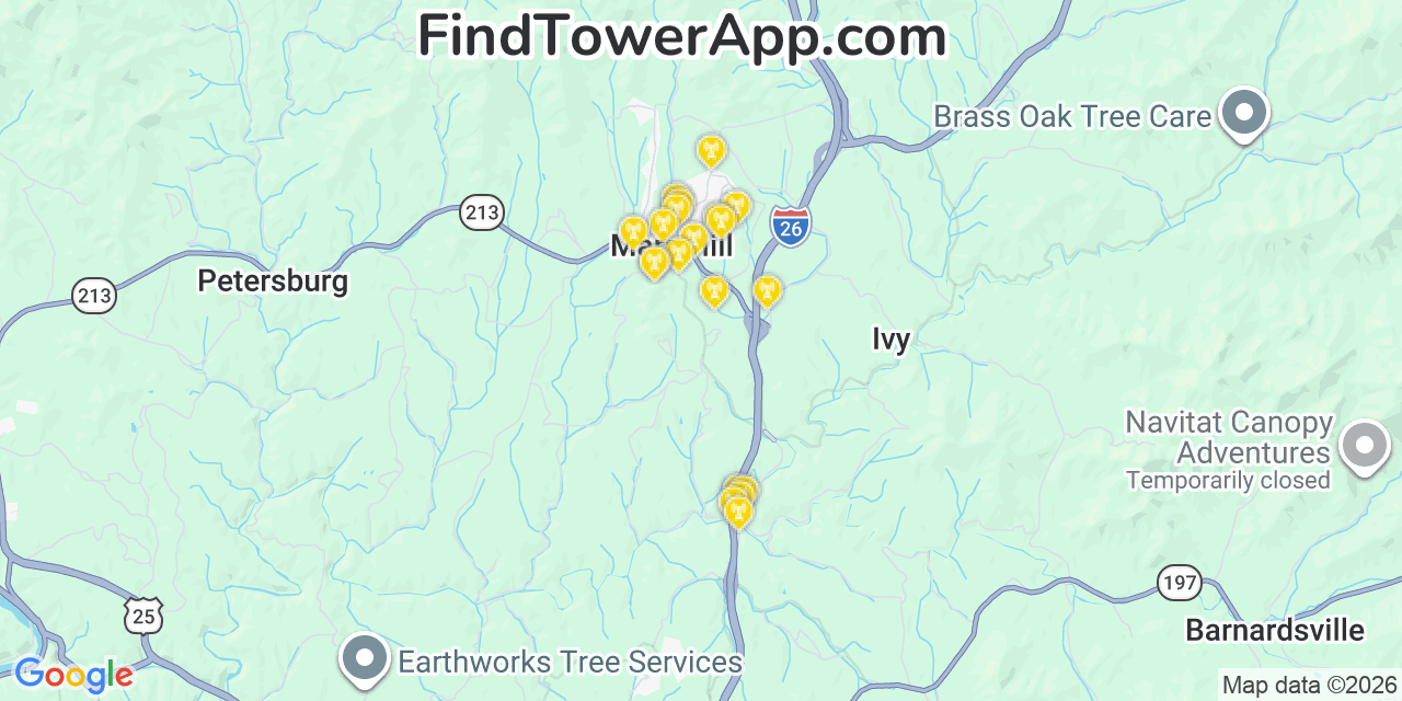 Map showing the 20 primary cell tower locations detected in Mars Hill, North Carolina from AT&T, Verizon, and T-Mobile networks