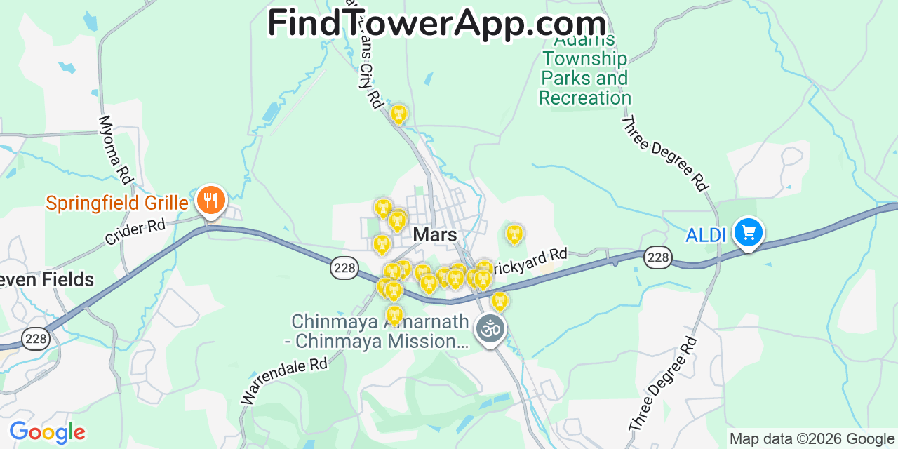 Map showing the 20 primary cell tower locations detected in Mars, Pennsylvania from AT&T, Verizon, and T-Mobile networks