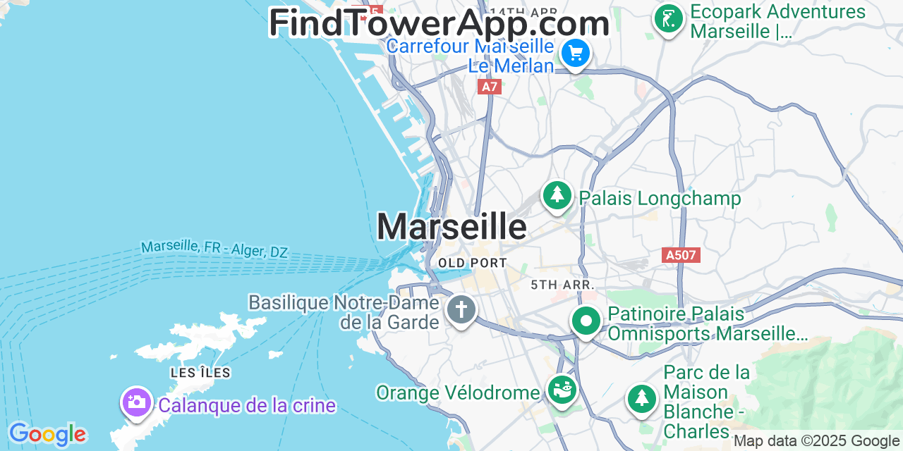 Map showing the 0 primary Free cell tower locations detected in Marseille, France with coverage radius and signal strength indicators
