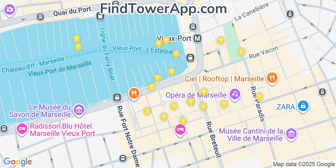 Map showing the 20 primary cell tower locations detected in Marseille, France with coverage areas and signal strength