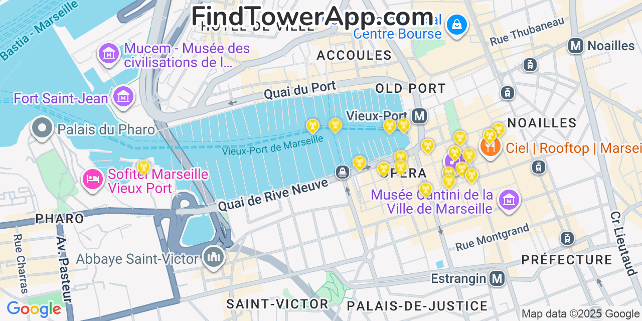 Map showing the 0 primary SFR cell tower locations detected in Marseille, France with coverage radius and signal strength indicators