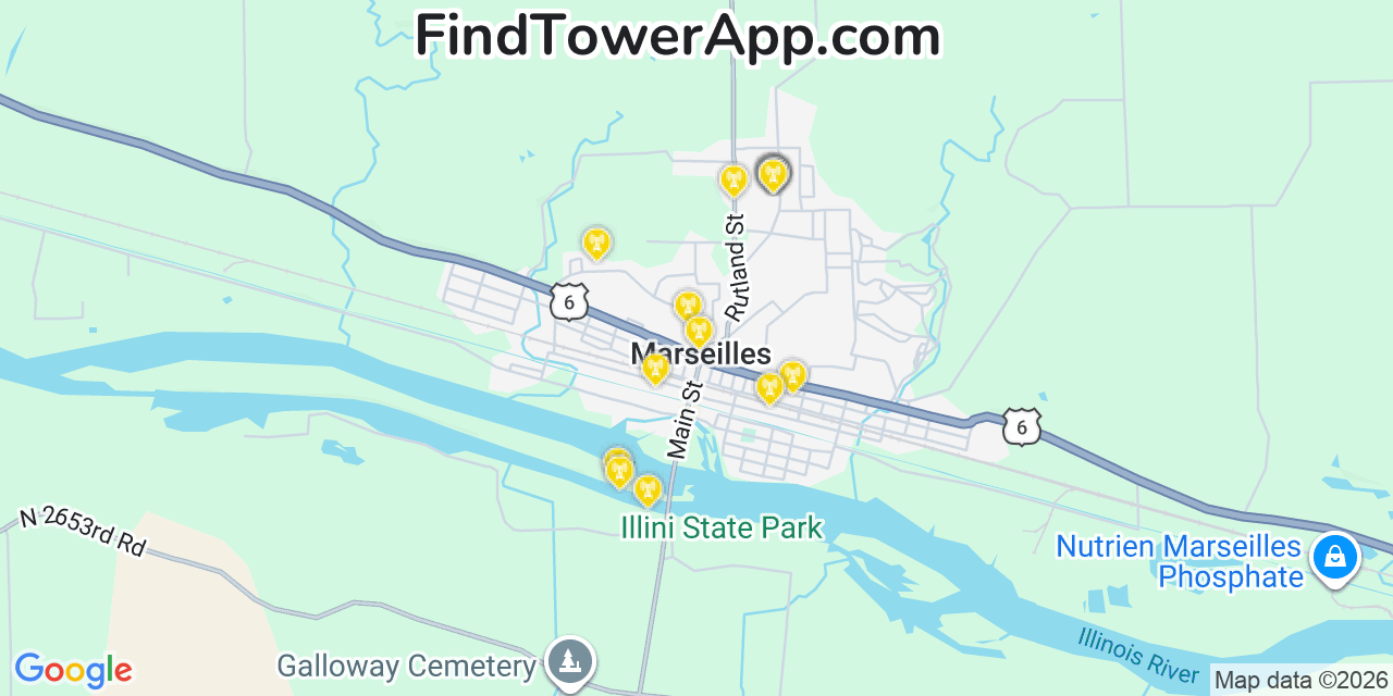 Map showing the 20 primary cell tower locations detected in Marseilles, Illinois from AT&T, Verizon, and T-Mobile networks