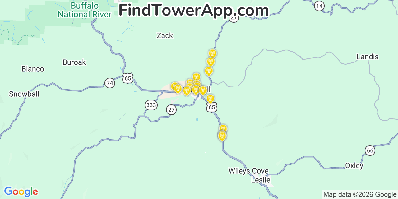 Map showing the 20 primary cell tower locations detected in Marshall, Arkansas from AT&T, Verizon, and T-Mobile networks