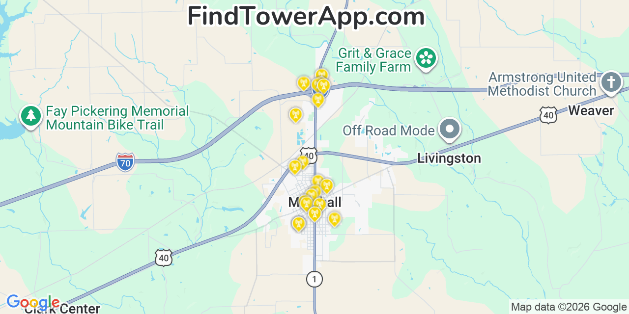 Map showing the 20 primary cell tower locations detected in Marshall, Illinois from AT&T, Verizon, and T-Mobile networks