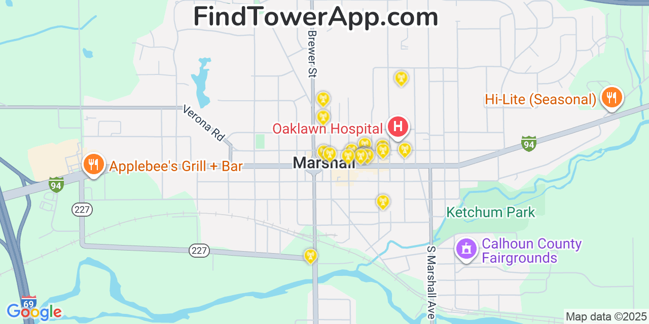 Map showing the 20 primary cell tower locations detected in Marshall, Michigan from AT&T, Verizon, and T-Mobile networks