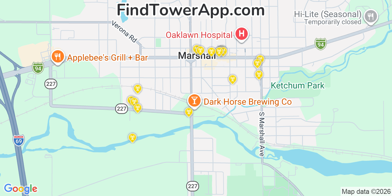 Map showing the 20 primary cell tower locations detected in Marshall, Michigan from AT&T, Verizon, and T-Mobile networks