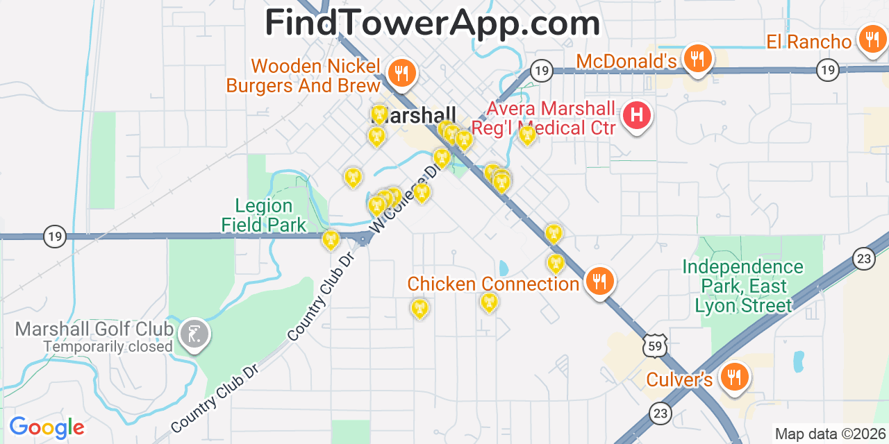 Map showing the 20 primary cell tower locations detected in Marshall, Minnesota from AT&T, Verizon, and T-Mobile networks