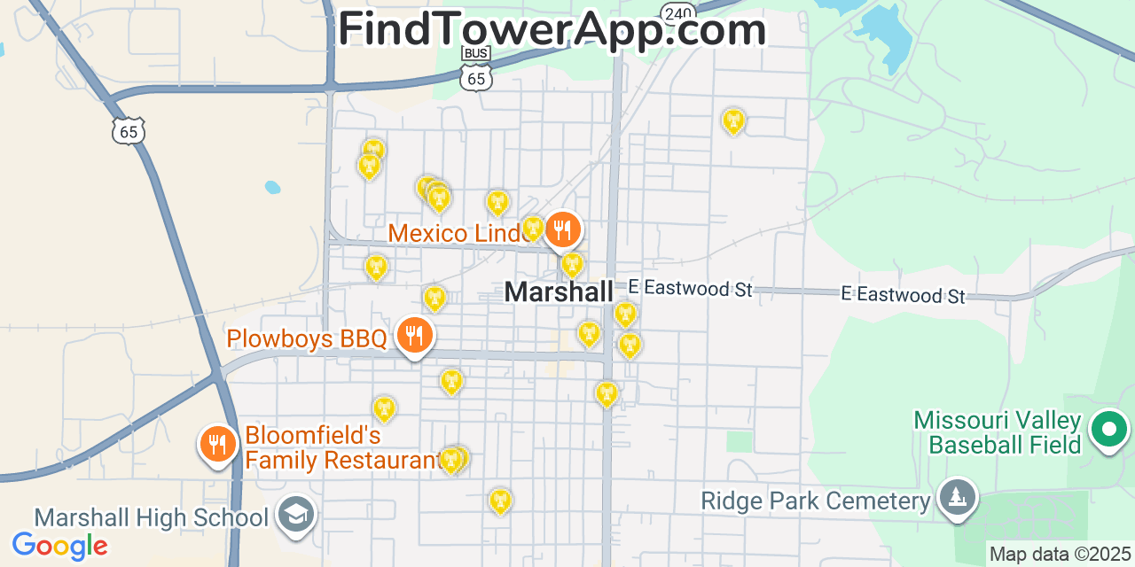 Map showing the 20 primary cell tower locations detected in Marshall, Missouri from AT&T, Verizon, and T-Mobile networks