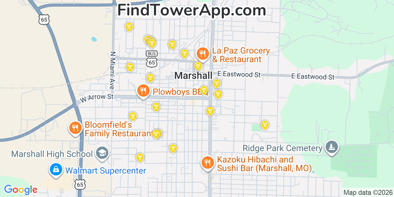 Map showing the 20 primary cell tower locations detected in Marshall, Missouri from AT&T, Verizon, and T-Mobile networks