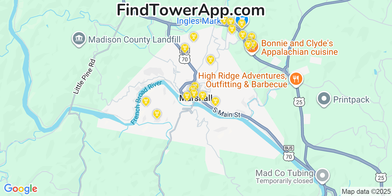 Map showing the 20 primary cell tower locations detected in Marshall, North Carolina from AT&T, Verizon, and T-Mobile networks