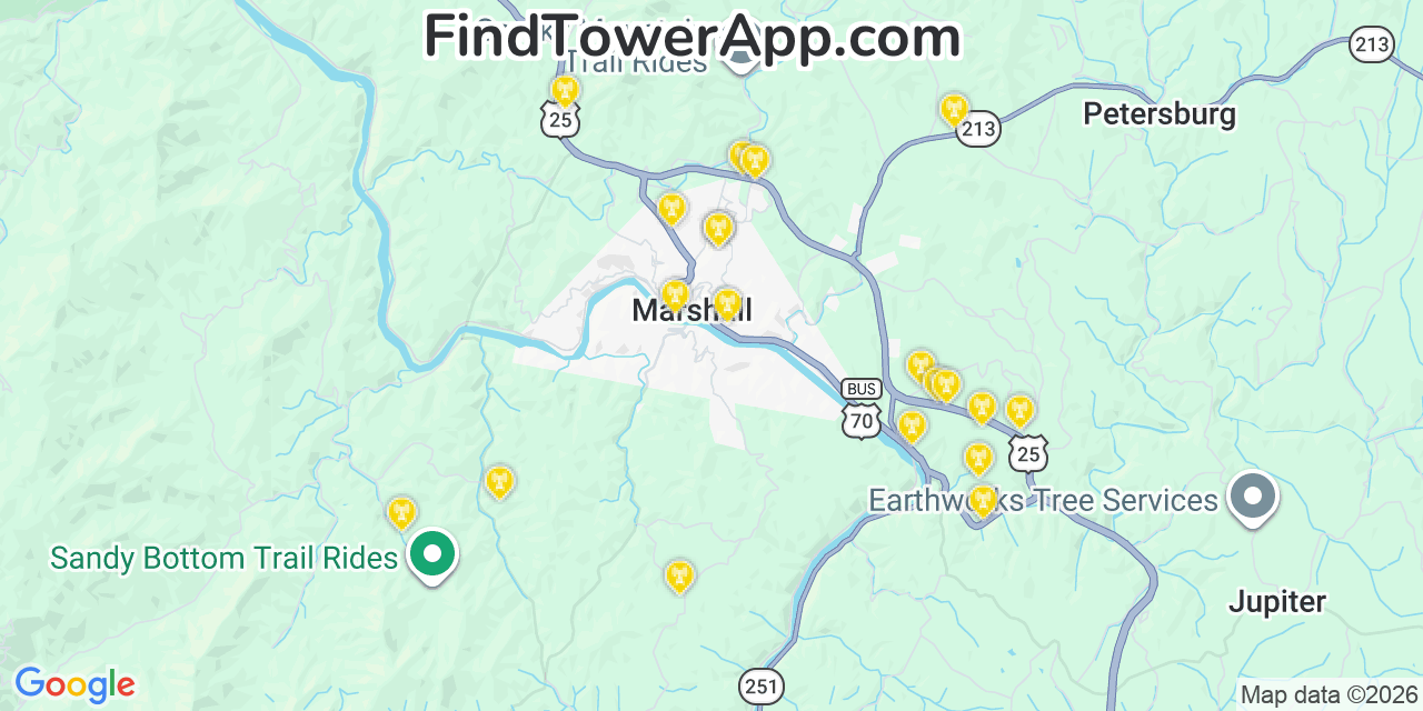 Map showing the 20 primary cell tower locations detected in Marshall, North Carolina from AT&T, Verizon, and T-Mobile networks