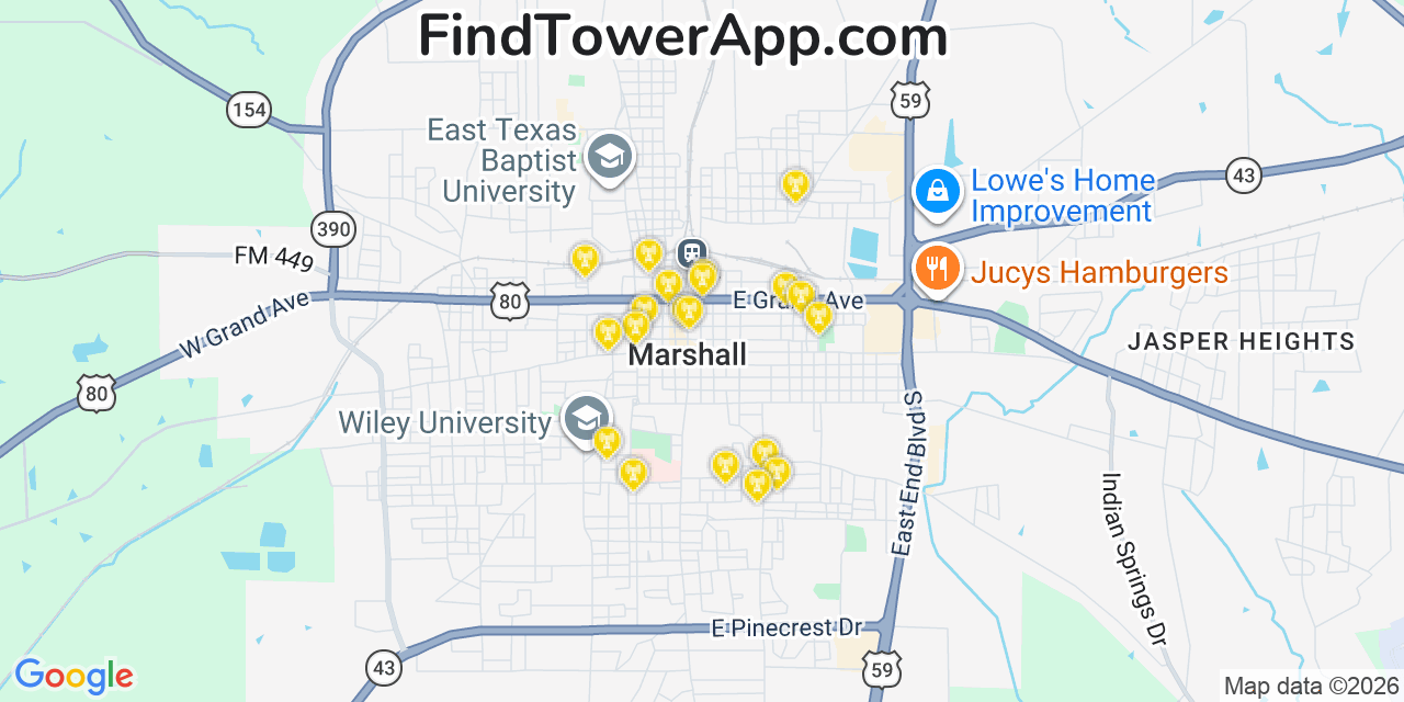 Map showing the 20 primary cell tower locations detected in Marshall, Texas from AT&T, Verizon, and T-Mobile networks