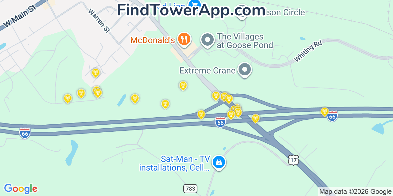 Map showing the 20 primary cell tower locations detected in Marshall, Virginia from AT&T, Verizon, and T-Mobile networks