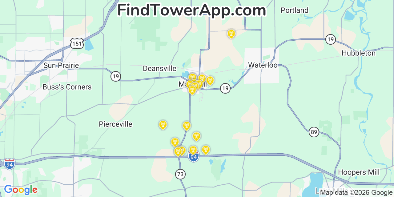 Map showing the 20 primary cell tower locations detected in Marshall, Wisconsin from AT&T, Verizon, and T-Mobile networks