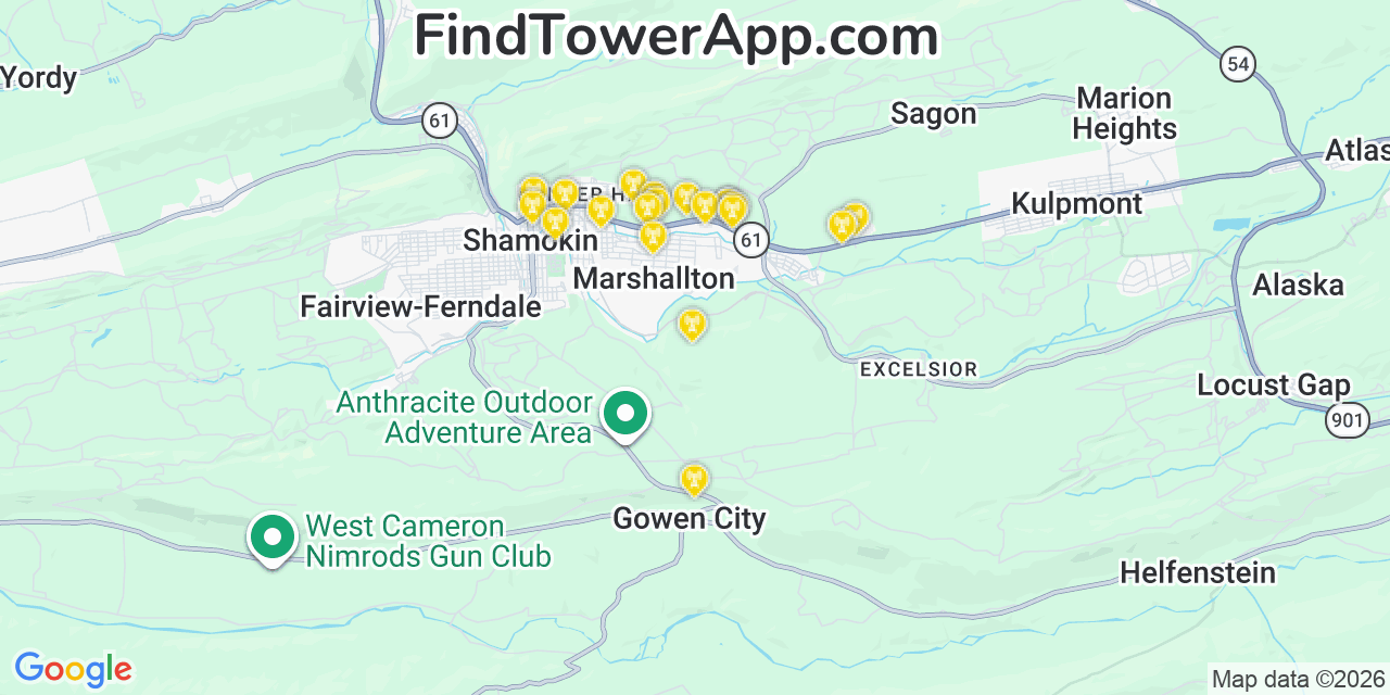 Map showing the 20 primary cell tower locations detected in Marshallton, Pennsylvania from AT&T, Verizon, and T-Mobile networks