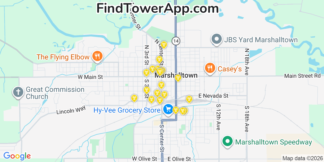 Map showing the 20 primary cell tower locations detected in Marshalltown, Iowa from AT&T, Verizon, and T-Mobile networks