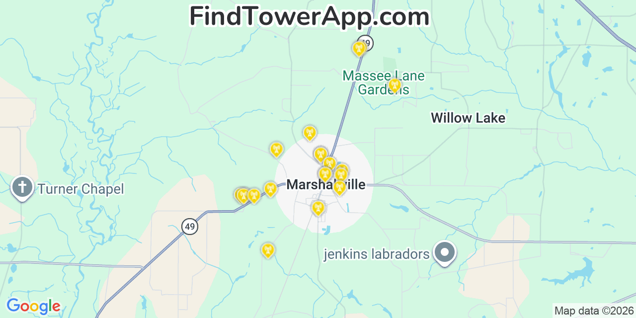 Map showing the 20 primary cell tower locations detected in Marshallville, Georgia from AT&T, Verizon, and T-Mobile networks