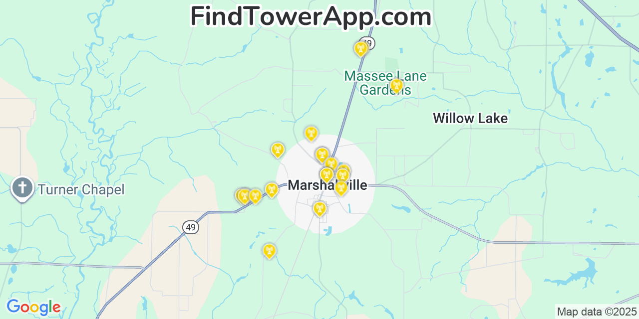 Map showing the 20 primary Mobitel cell tower locations detected in Marshallville, Georgia with coverage radius and signal strength indicators