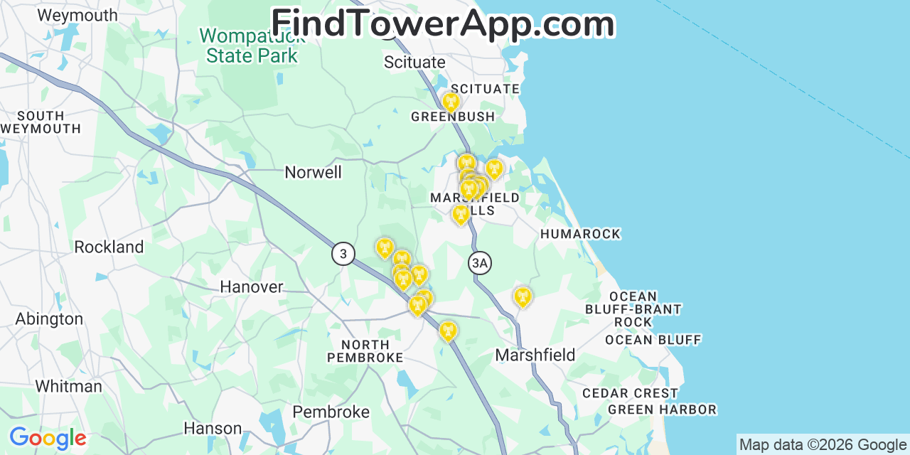 Map showing the 20 primary cell tower locations detected in Marshfield Hills, Massachusetts from AT&T, Verizon, and T-Mobile networks