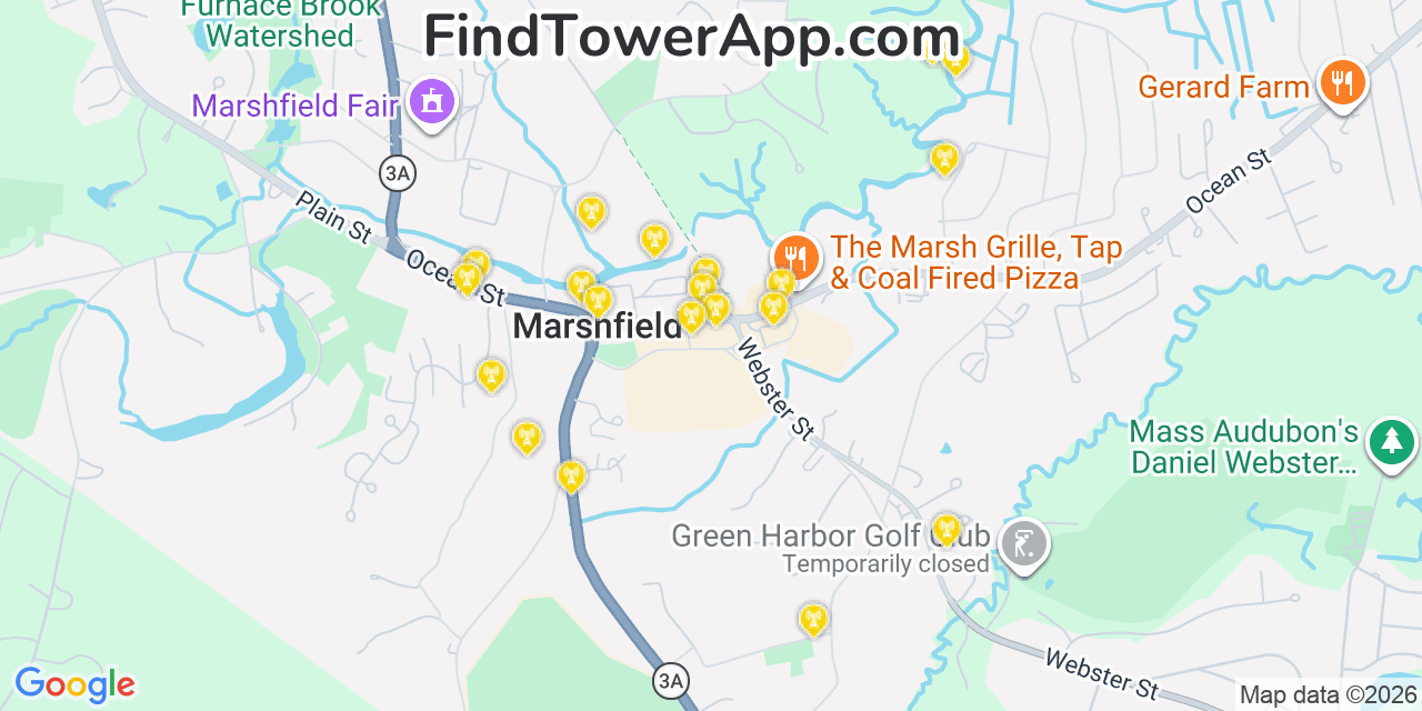 Map showing the 20 primary cell tower locations detected in Marshfield, Massachusetts from AT&T, Verizon, and T-Mobile networks